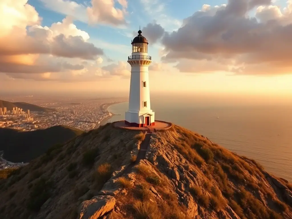 A captivating image of the Vũng Tàu Lighthouse perched atop a hill, overlooking the city and the ocean.