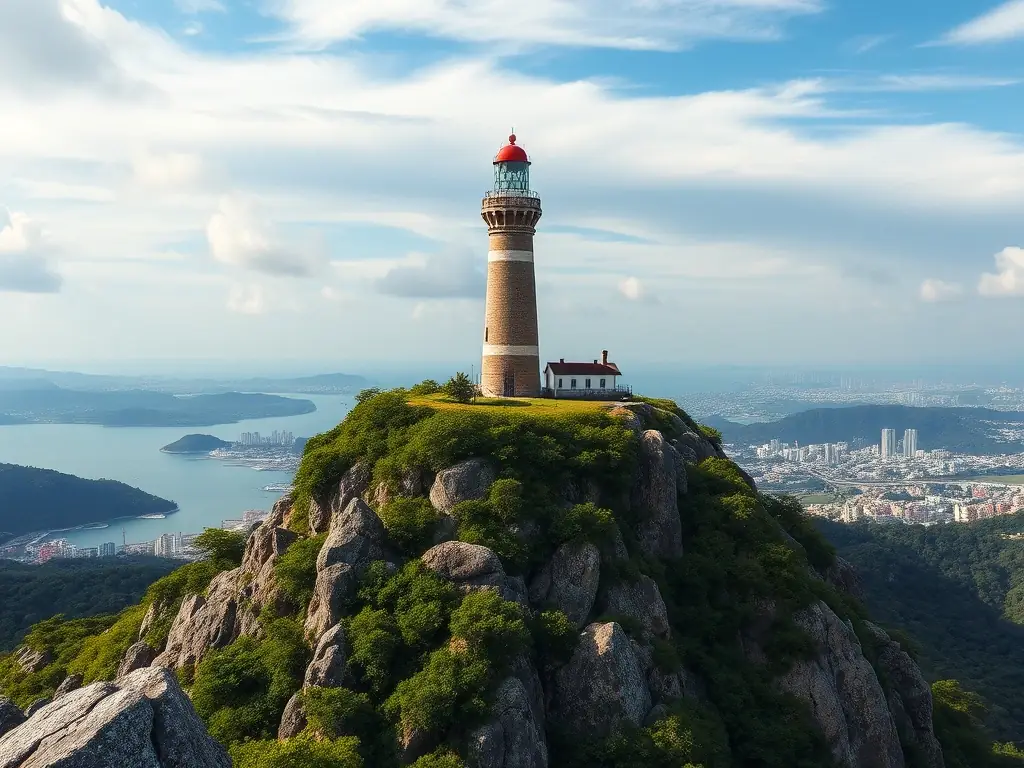 A captivating shot of the Vũng Tàu Lighthouse perched atop a hill, overlooking the coastline and the city. The image should highlight the lighthouse's historical significance and the panoramic views it offers.