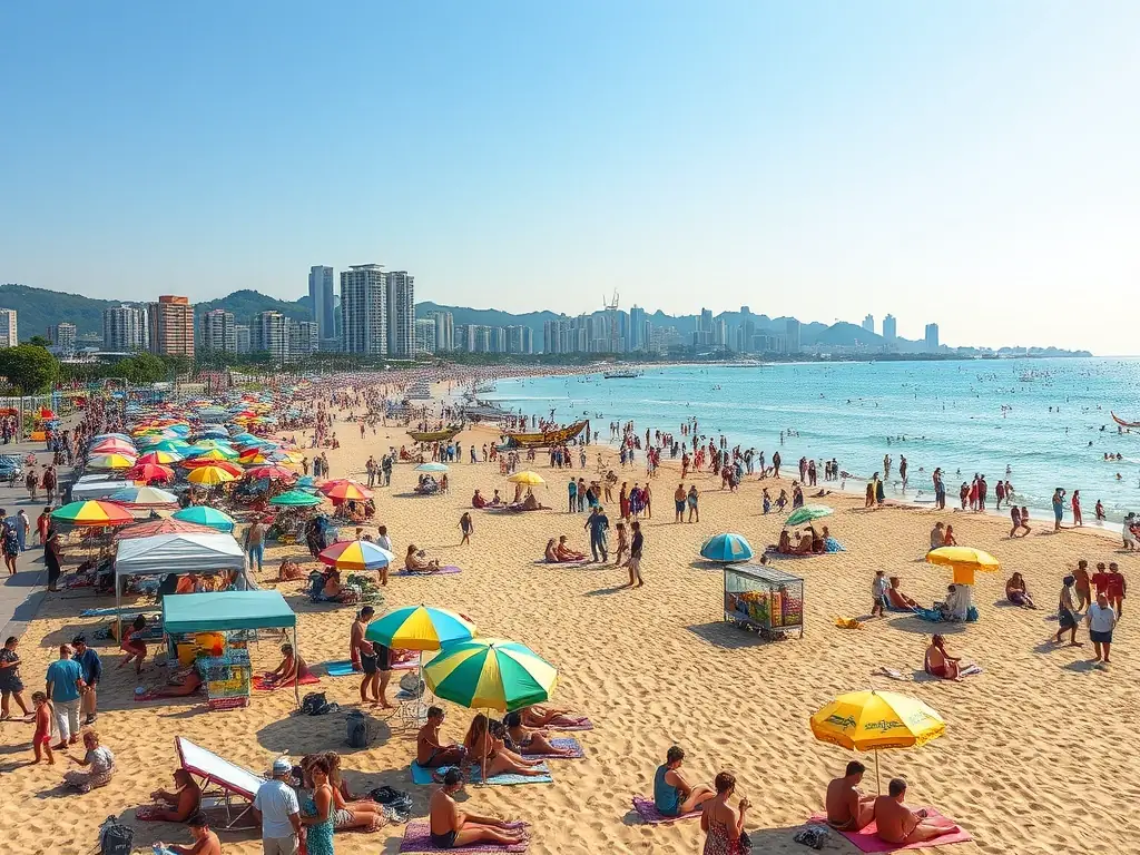 A vibrant photo of Front Beach (Bãi Trước) in Vũng Tàu, showcasing its bustling atmosphere with people enjoying the beach, vendors, and the cityscape in the background. The image should convey a sense of excitement and relaxation.