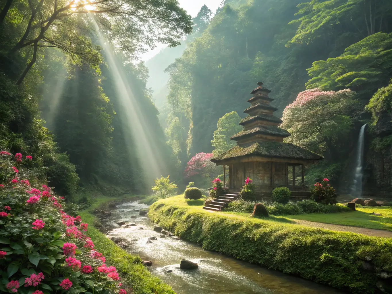 A serene photo of a pagoda nestled amidst lush greenery in Vũng Tàu, showcasing its intricate architecture and peaceful ambiance.