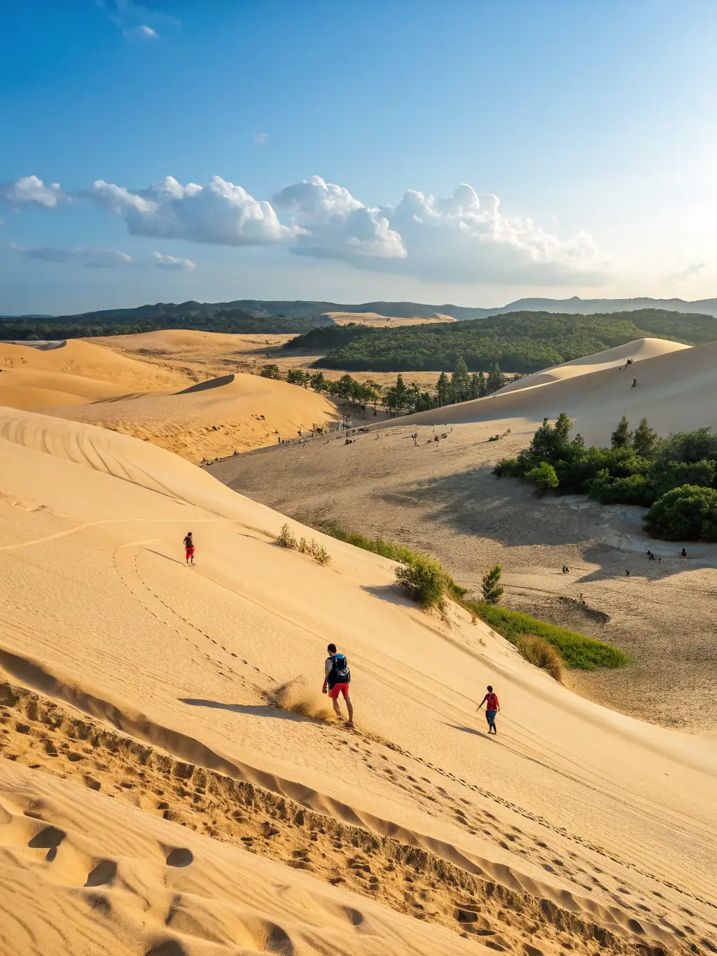 A picturesque view of Phan Thiết, showcasing its stunning sand dunes and coastal scenery, with a Trần Phi Travel Car bus offering group transportation to this popular destination.