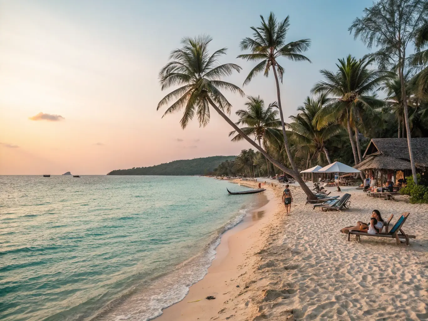 A vibrant photo of a group of tourists enjoying the sunset at Bai Sau beach in Vũng Tàu, with clear skies and calm waters.