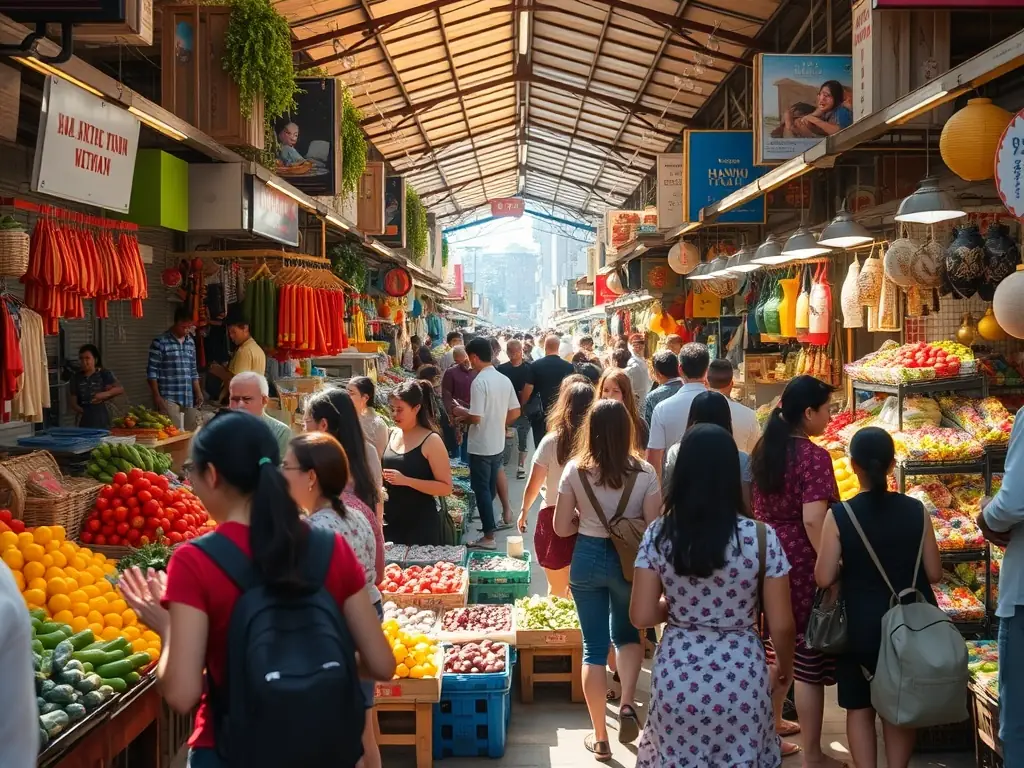 A vibrant photo of a local market in Vũng Tàu, showcasing fresh produce and local crafts, with people browsing and interacting.