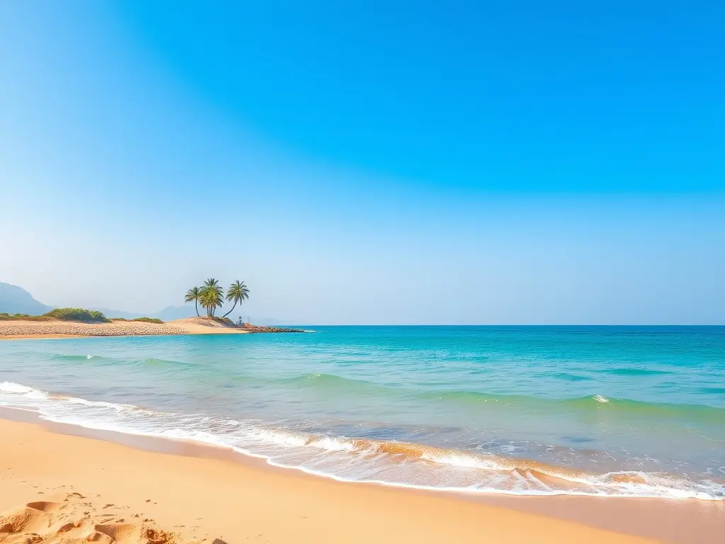 A serene image of Back Beach (Bãi Sau) in Vũng Tàu, featuring its long sandy coastline, clear blue waters, and gentle waves. The photo should evoke a sense of tranquility and natural beauty.